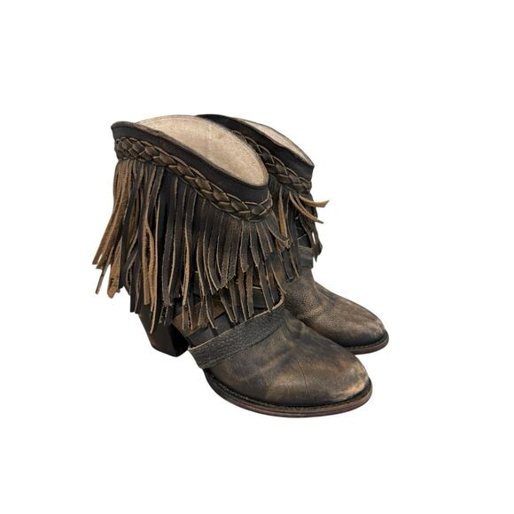 FREEBIRD by STEVEN Women's Sz US 11 Tonto Brown Fringe Leather Booties Boho - Picture 4 of 7